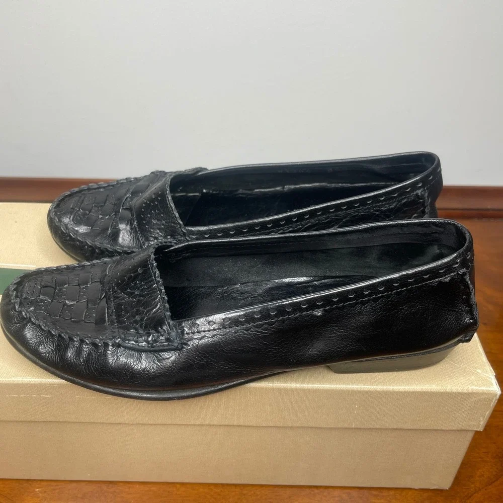 Vintage Italy‎ Cole Haan Suzette Black Leather Woven Loafers Flats Womens 5.5 M